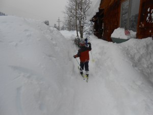 Walking to the porch after trying out new skis.  January 2014. 